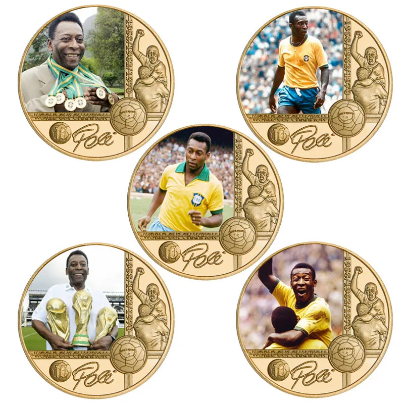 

Famous Brazil Football Soccer Man Pele Gold Plated Commemorative Coin Set with Coin Holder Challenge Coins Souvenir Gifts