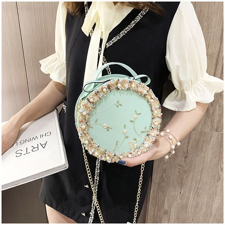 

Fashion Women Round Small Shoulder Bag Pearl Flower Handbags Chain Totes