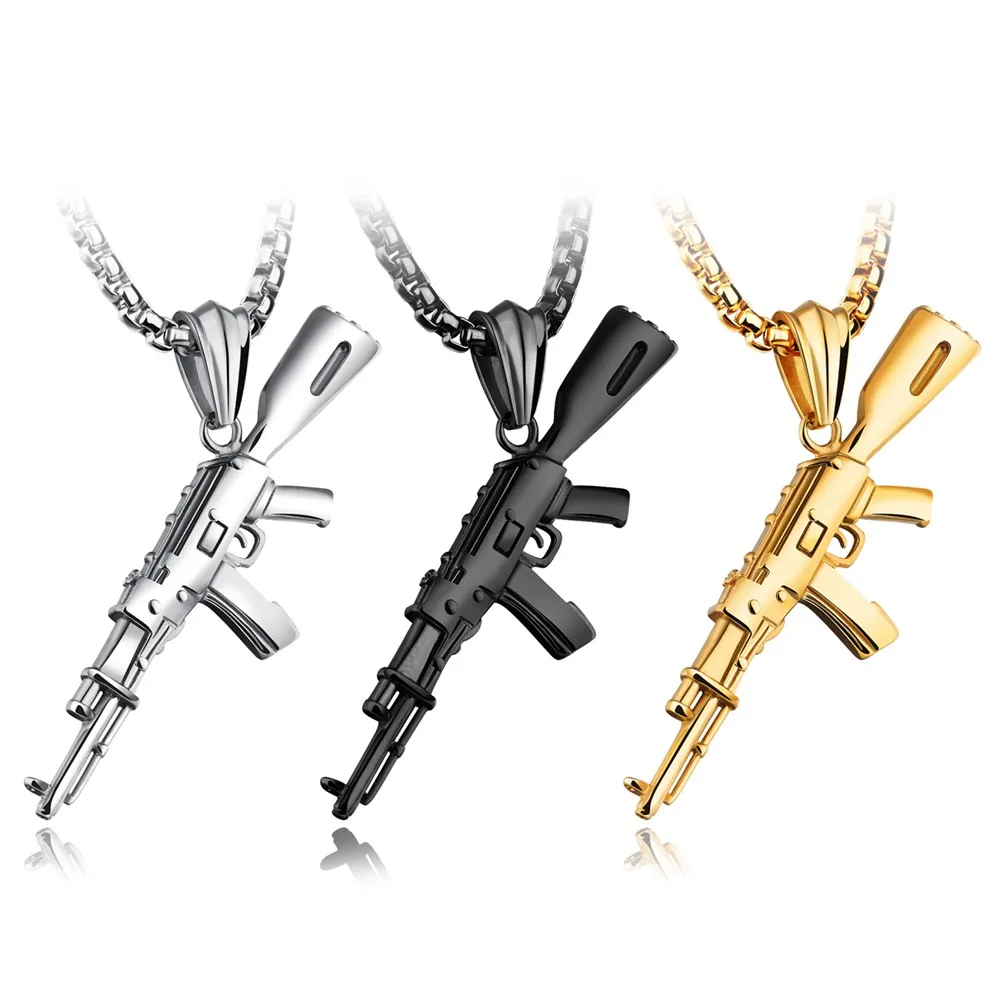 

In Stock Punk Style Stainless Steel Personalized Charms Silver Men Gun Necklace, Gold, black, silver,customized color