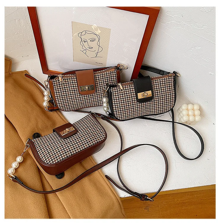 

2021 New Design Houndstooth Pearl Cross Body Hand Bags Leather Small Women Sling Handbags, As picture