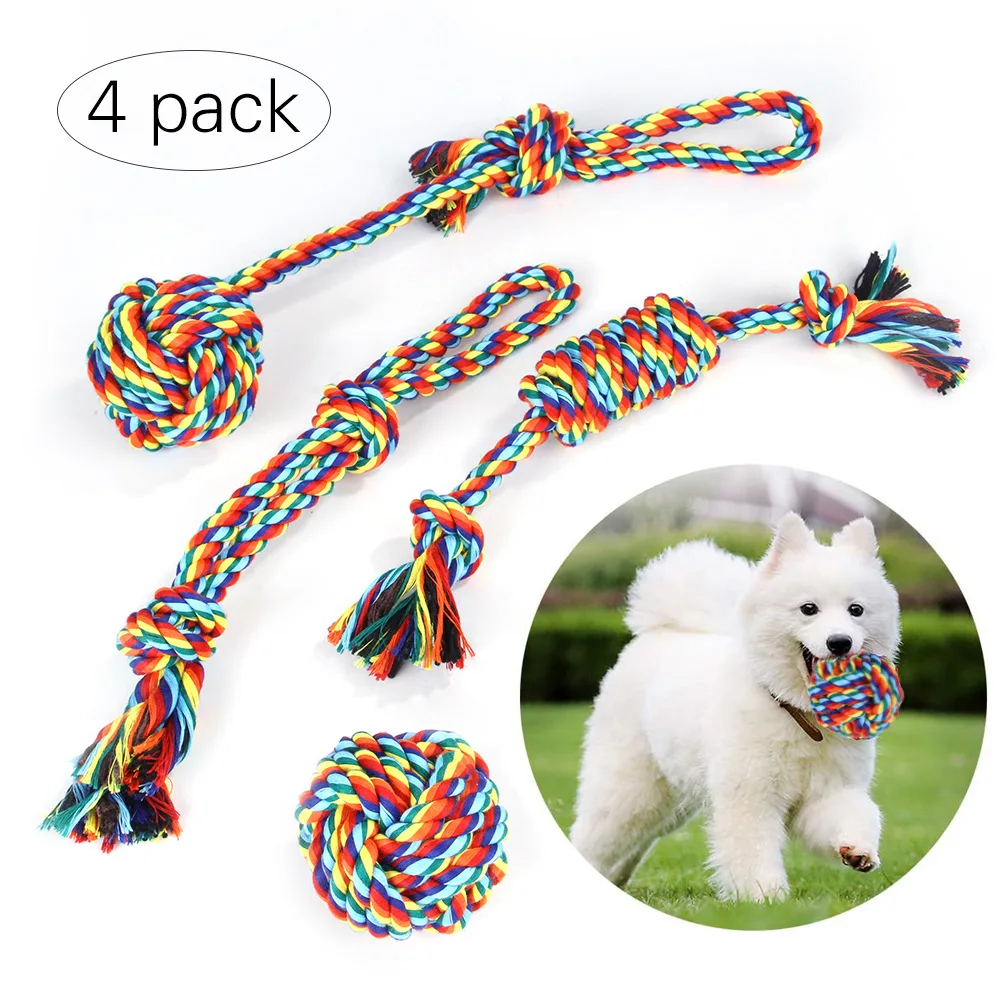 

Amazon best sell dog rope toy with tennies ball chew toys for dogs flavored that clean teeth, 4 pack in bag