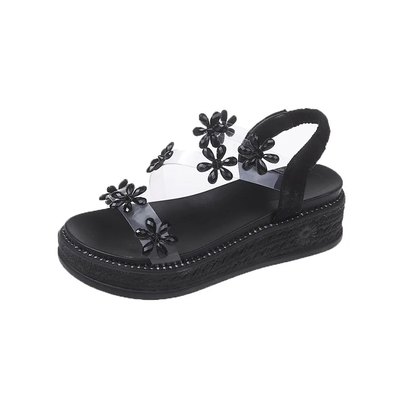 

Factory Sale Fashion Trend Girl Slippers Solid Color Open Toe Flower Transparent Strap Ankle Strap Women Platform Sandals