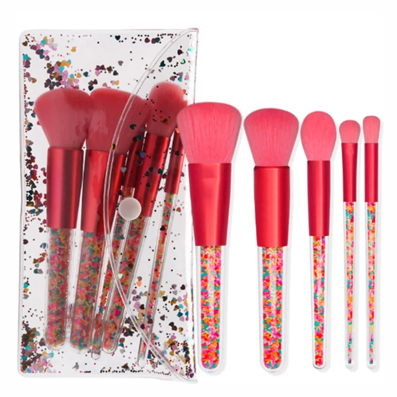 

5 Pieces Candy Makeup Brush Set Transparent Crystal Handle Pink Eyeshadow Brush Flame Powder Brushes with bag