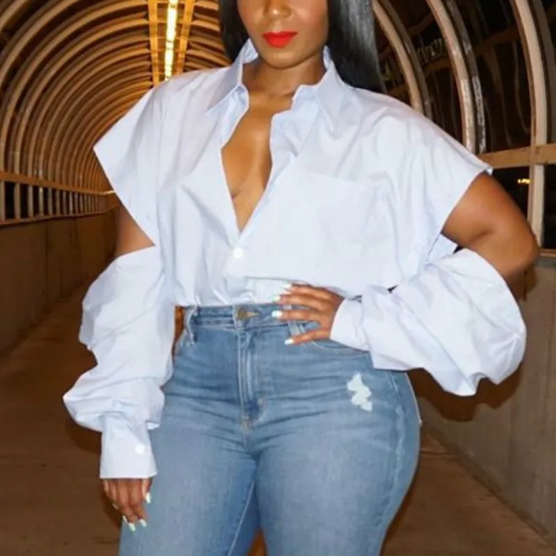 

Autumn Sexy Chic Style Oversized White Button Women Casual Blouse