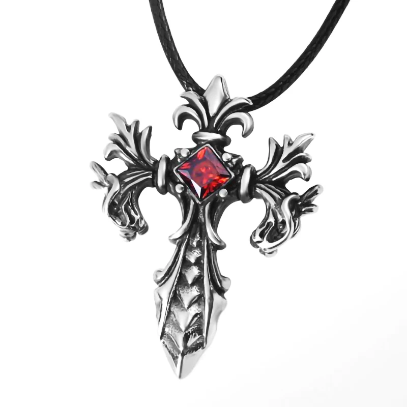 

Exquisite personality design Ssangyong ruby cross necklace men and women personality retro pendant
