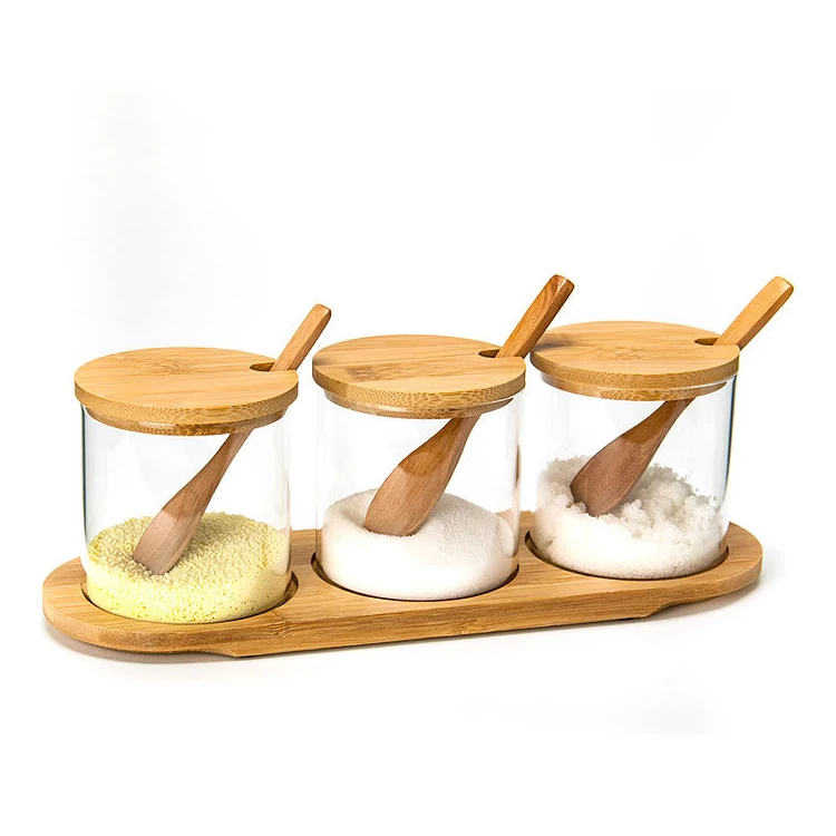 

High Borosilicate Glass Seasoning Tank With Bamboo Base And Lid For Condiments Kitchen Salt Pot with Spoons