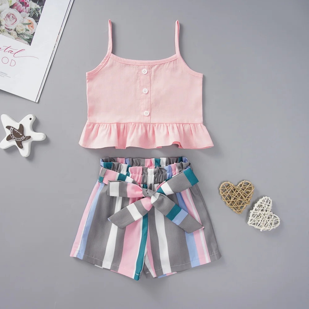 

Summer Children New Fashion Babies Kids Girls solid Cool Sling Shirts With Bow Striped Shorts Outfit Clothes Set, As picture