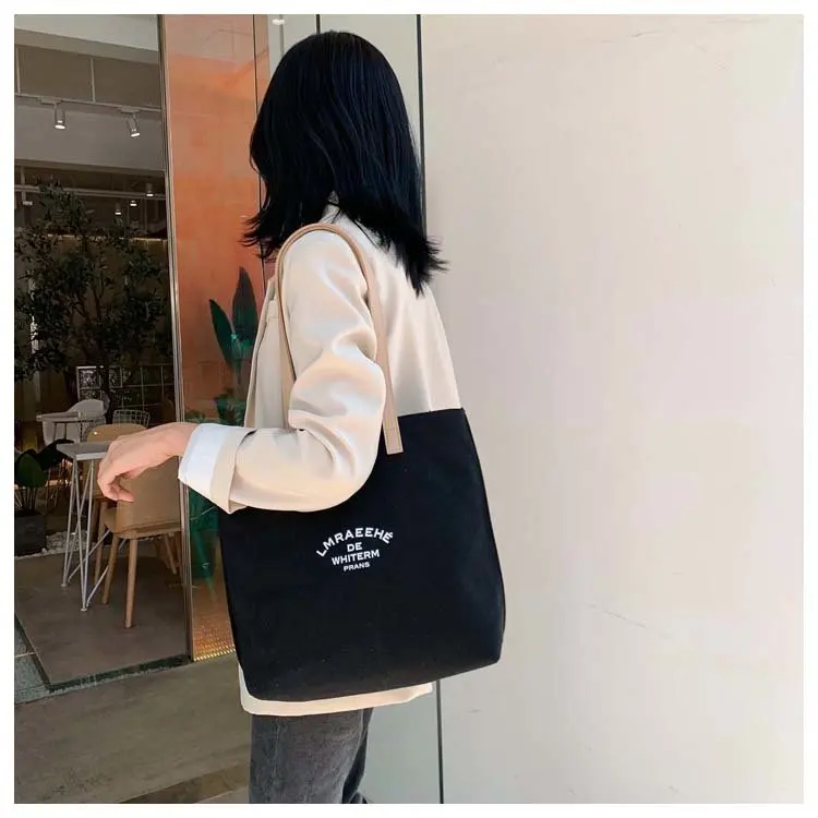 

Wholesale custom simple printed black and white color cotton tote bag, White/black