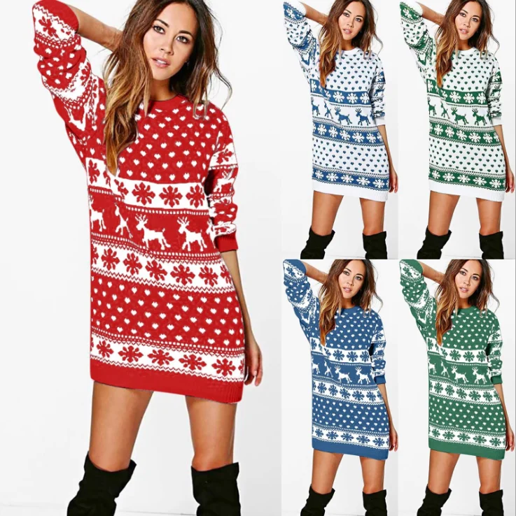 

Winter Autumn Women Christmas Long Sleeve Bodycon Sweater Loose Red O-Neck Thick Party Elegant Dress, Customizable