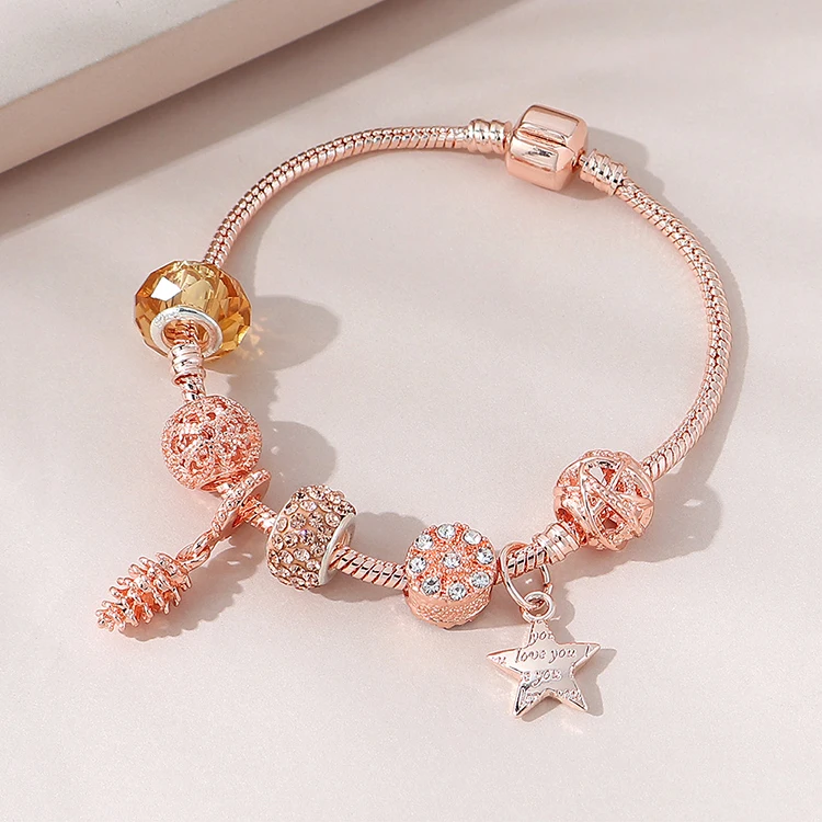 

2021 New Arrival Bling CZ Cubic Zirconia Round Beads Charm Bracelet Exquisite Rose Gold Crystal Star Charm Bracelet, Picture color