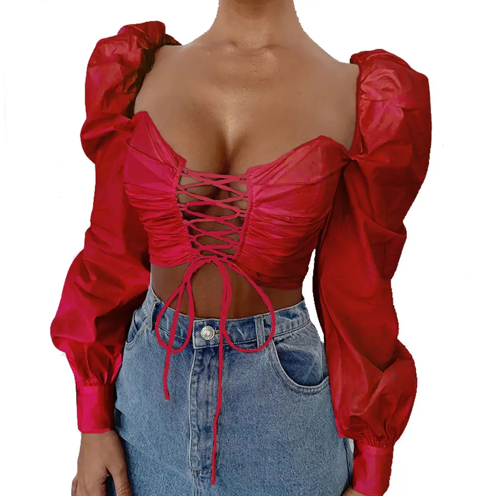 

Blusas Mujer De Moda 2020 White Puff Sleeve Front Hollow Out Lace Up Sexy Tops And Blouses Women Vintage Shirt, Picture