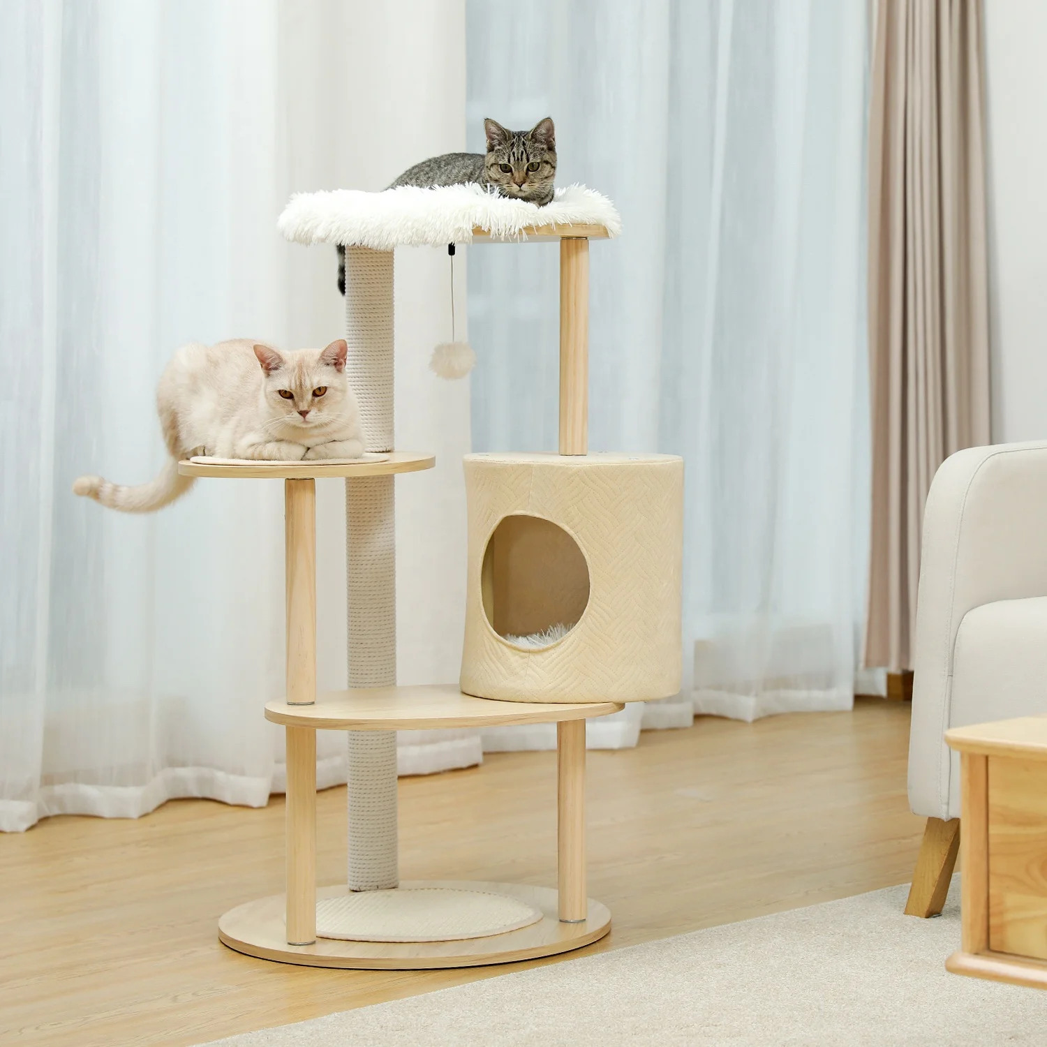 

US Warehouse Free Shipping Modern Cat Tree Wood Cat Tower Sisal Scratching Post Cat Condo, Beige