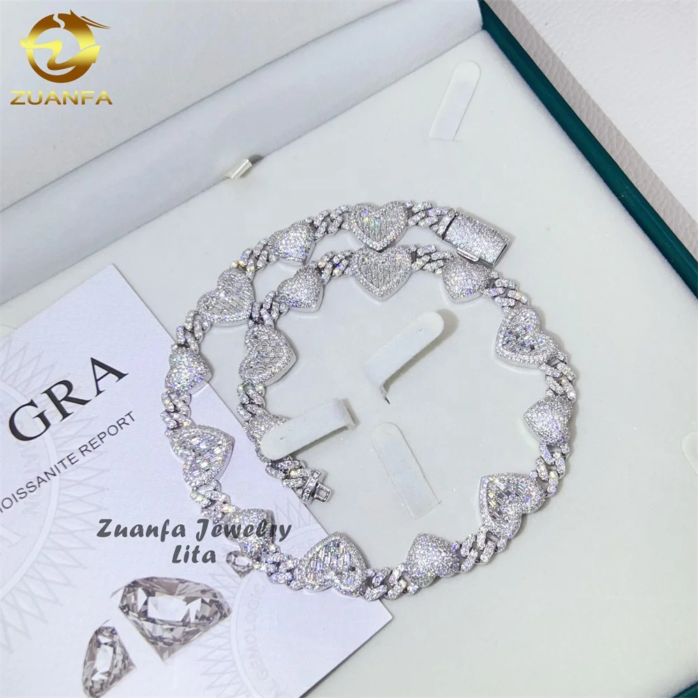 

Hot selling fashion 8mm heart necklace women 925 sterling silver baguette moissanite cuban link chain