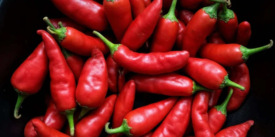 Close-up of different types of skinny red chili peppers.