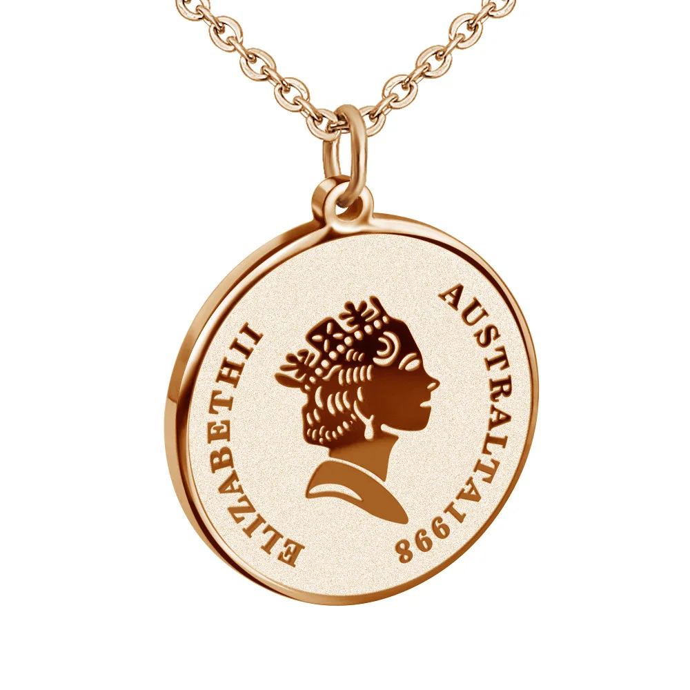 

Fashion Latest Geometrical Five pence Coin Stainless Steel Pendant Necklace Gold Plated Disc Charm Necklace, As picture