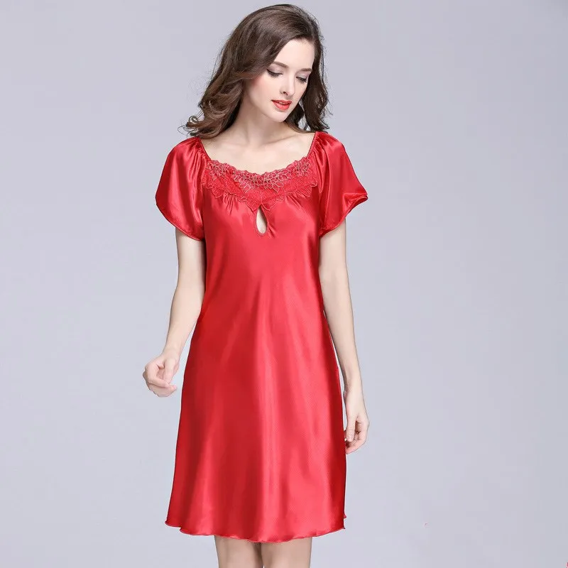 

FZ-97 Wholesale Women's Sexy Nightgown Nightdress Girls Daily Leisure Satin Pajamas Sleepwear Dress Lace Hole Silky Pejama