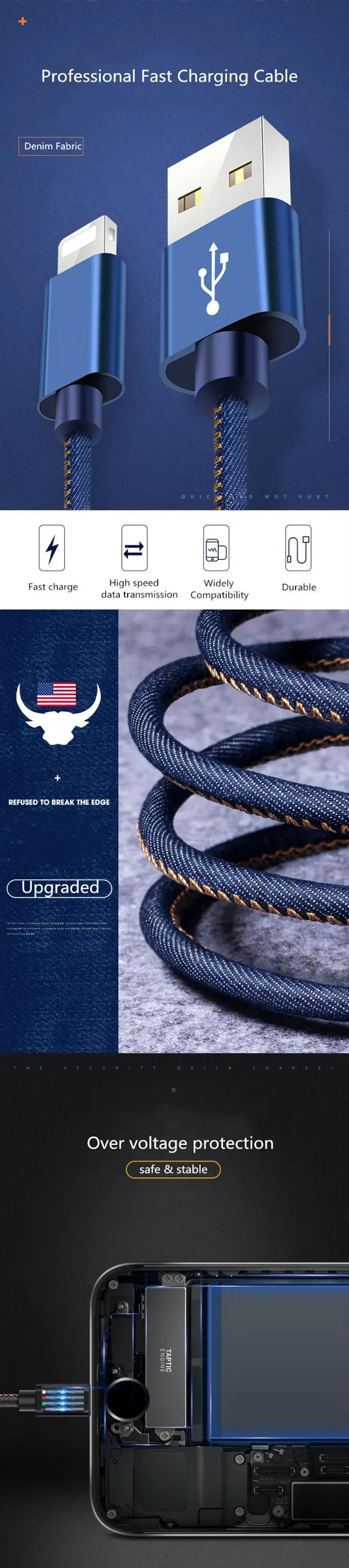 Factory Wholesale Original High Quality Denim Jacket 2A Fast Charging USB Cable MicroUSB Type-c Lighting USB Data Cable - ANKUX.COM