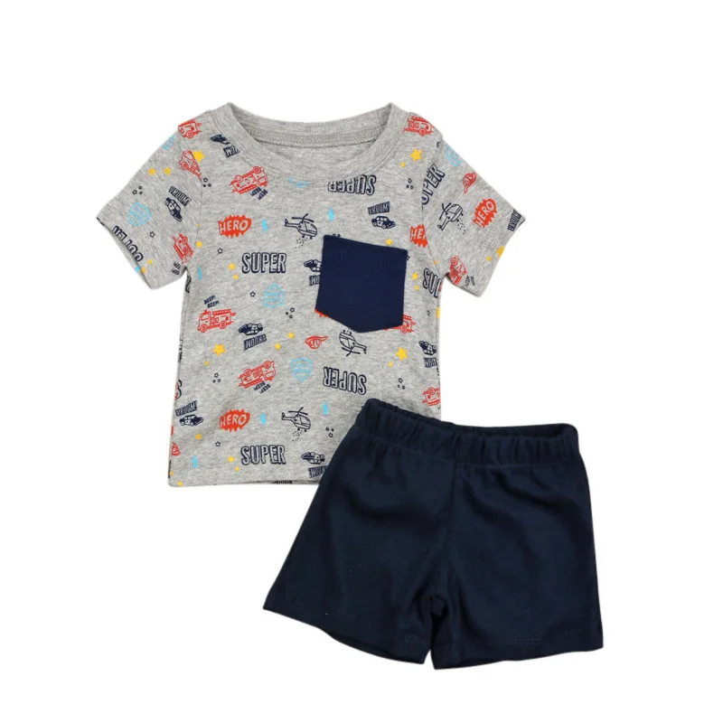 

In stock cartoon print short sleeve summer infant baby boys outfit set kids clothes, As picture show