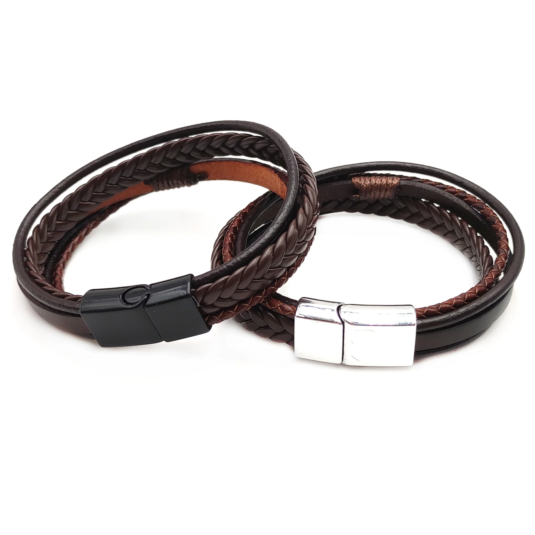 

Trendy Bracelet Pulsera Hombre Multilayer Leather Men Magnetic-Clasp Cowhide Braided Bracelets, 4 options