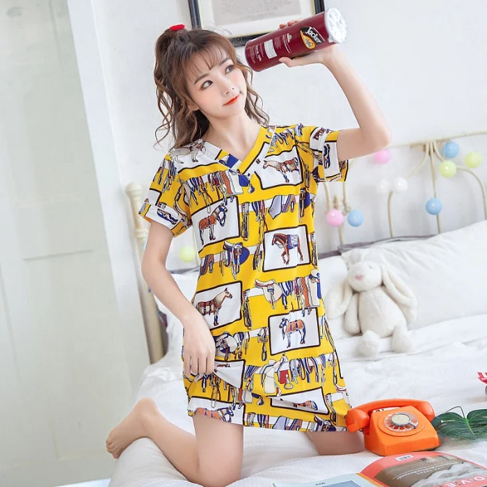 

1 Piece Custom Print Summer Pajamas Short Sleeve Sleepwear Skirts