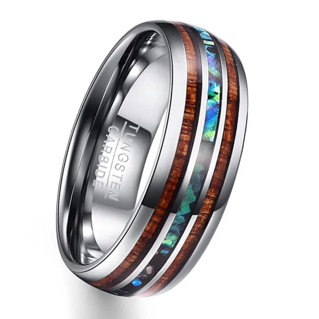 
Luxury High Quality Wood Rainbow Ring Craft Bevel Edge Comfort Fit Silver Tungsten Rings Hawaiian Jewelry Wholesale Women men 