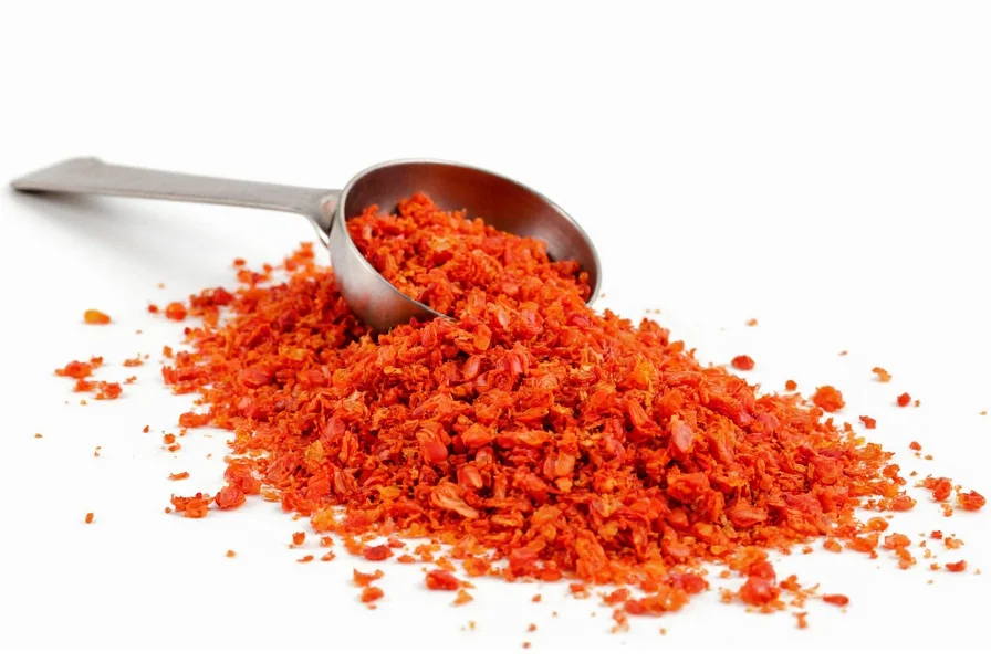 Close-up photography of ghost pepper flakes showing vibrant red color against white background with measuring spoon