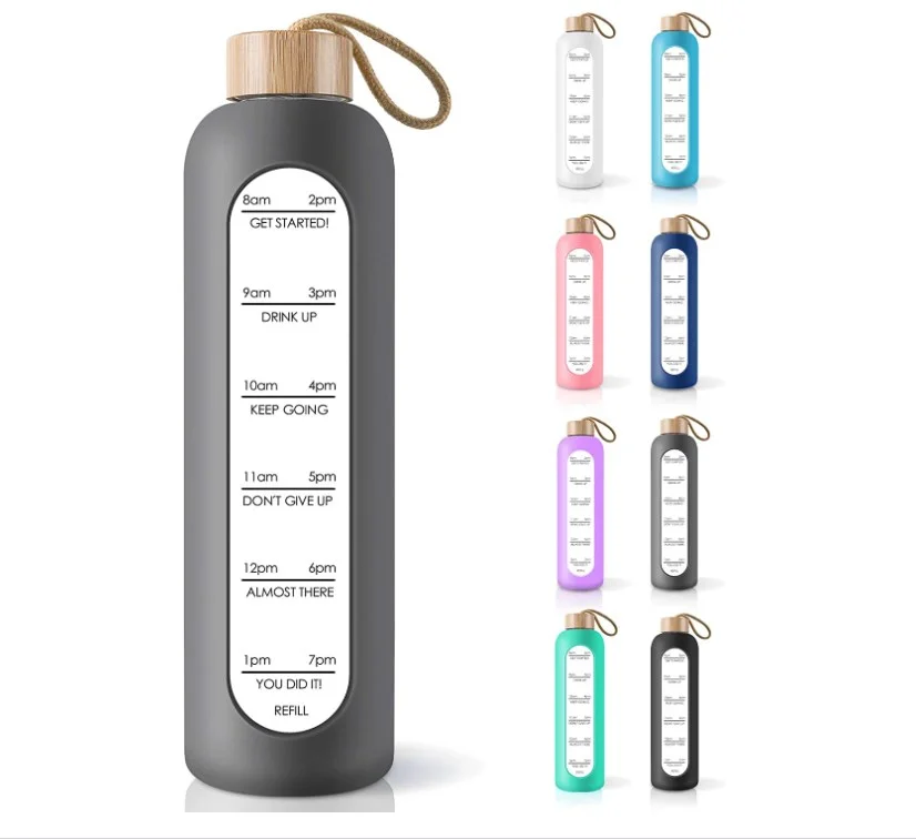 

Yeway 32 oz Borosilicate Glass motivational Water Bottle glass cup time marker with Bamboo Lid and Silicone Sleeve BPA Free, Customized color