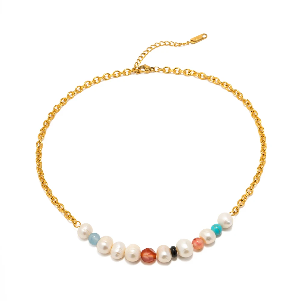 

18K Gold Plated Stainless Steel Jewelry Gift Splicing Natural Stone Pearl Colorful Choker Necklace