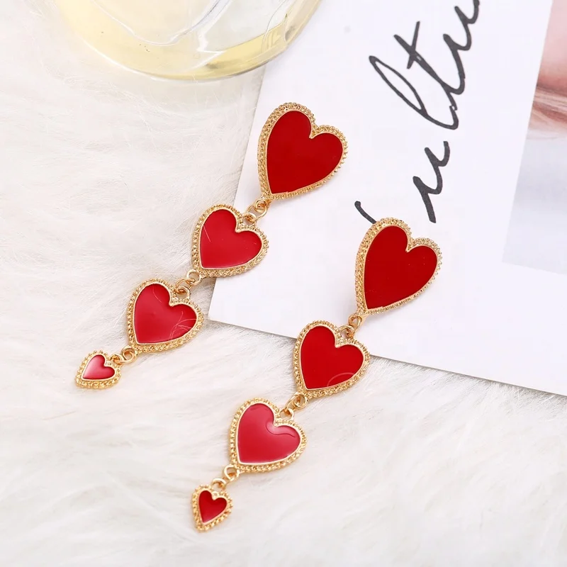 

5607 Fashion Elegant Red Oil Drip Love Heart Drop Earrings Hotsale Long Heart Tassel Earrings For Wedding Bride