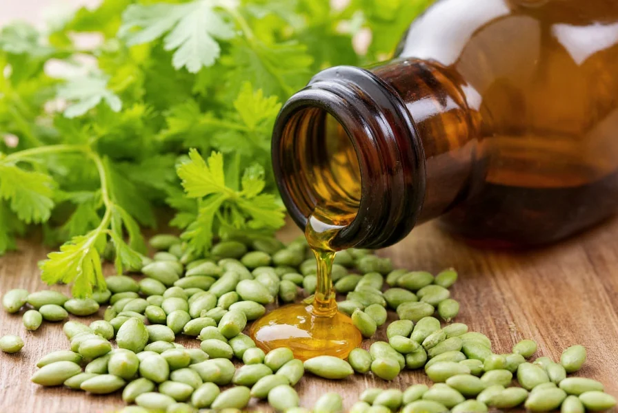 Close-up view of celery seeds and liquid extract in amber glass bottle showing natural supplement preparation process