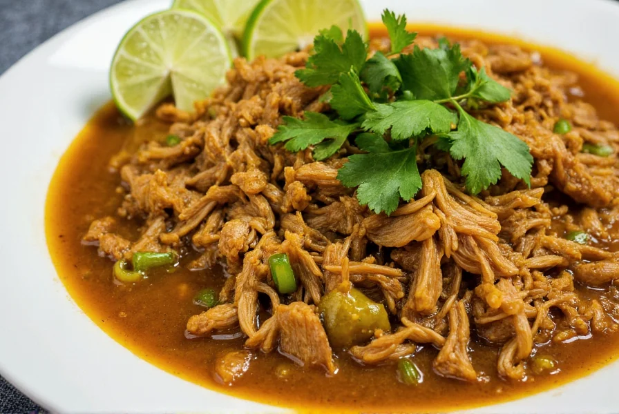 Close-up of shredded pork in vibrant green chili sauce with lime wedges and cilantro garnish