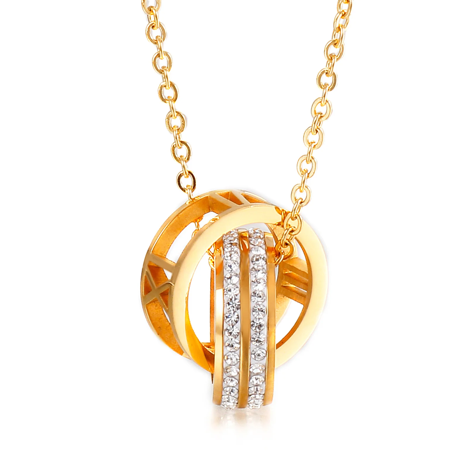 

High quality Inlaid Rhinestone Stainless Steel Double Ring Pendant Necklace Women Jewelry From China, Silver/gold/custom