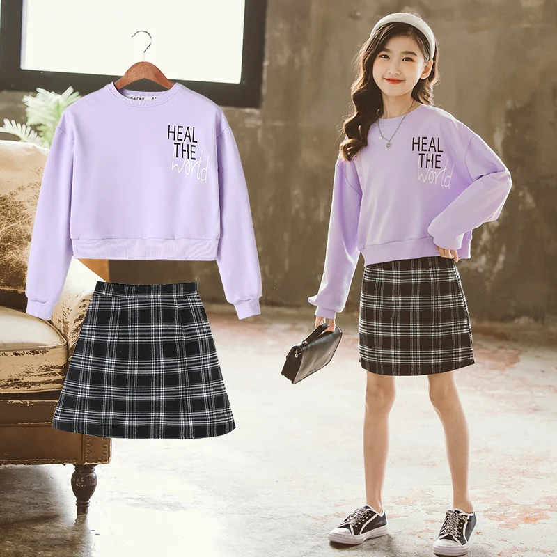 

Clothes Children Suits Kids Girl Autumn Warm 2 Pieces Sets Long Sleeve Top+Skirt Plaid Autumn Newborn Girl Clothes Set, Purple