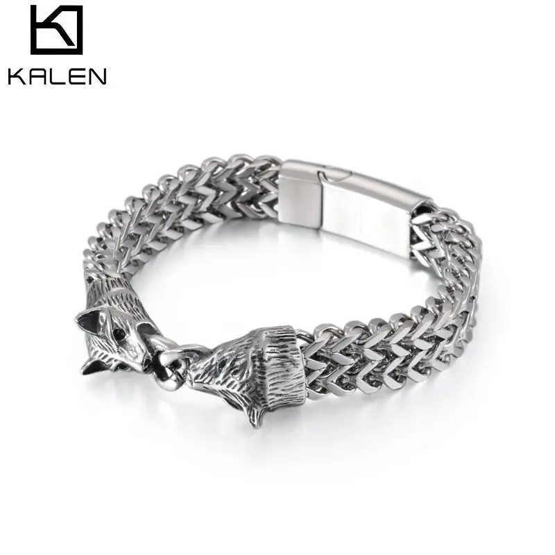 

KALEN Stainless Steel Animal Wolf Chain Bracelet For Men, Steel color