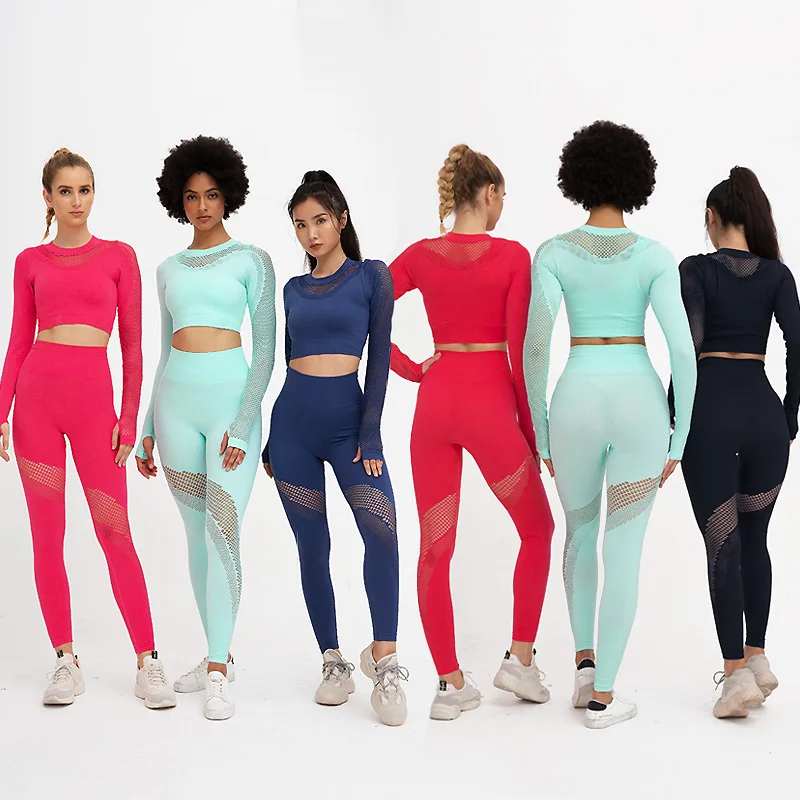 

Custom Logo 2021 New Design High Waist Fitness Women Gym Wear Set Hollow Out Long Sleeve Seamless workout Set, Black,navy,green,red,rose red or custom colors