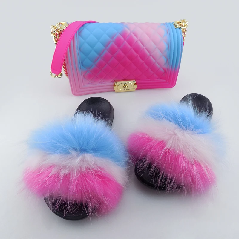 

Wholesale fluffy real fur Colorful rainbow slides fur slippers and purse sets, Red,blue ,green ,orange ,brown