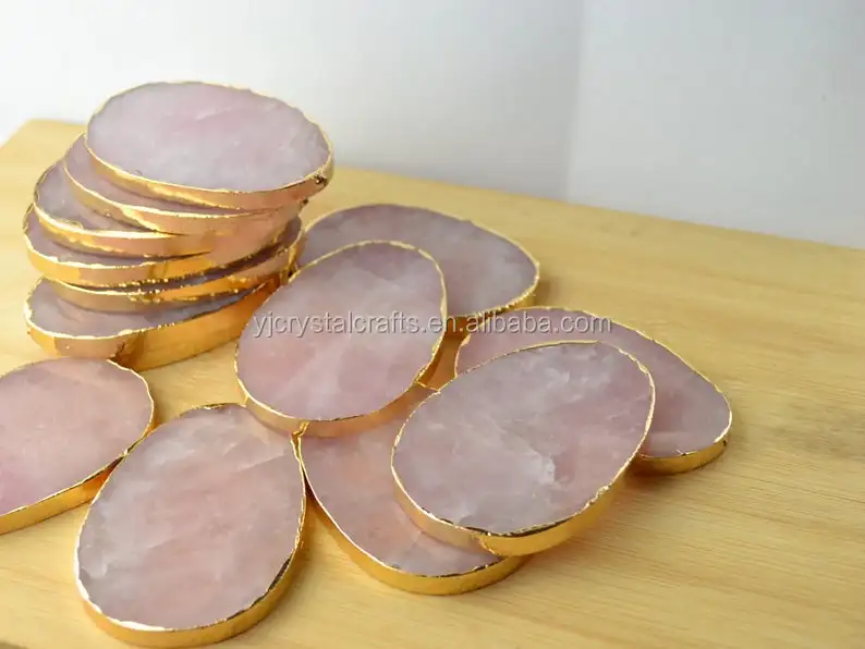 5 Pieces Natural Rose Quartz Slices Stone Slab Gold Rim Edge Plated for Wedding Name Cards Namecards Place Cards Table Number About 3 inch