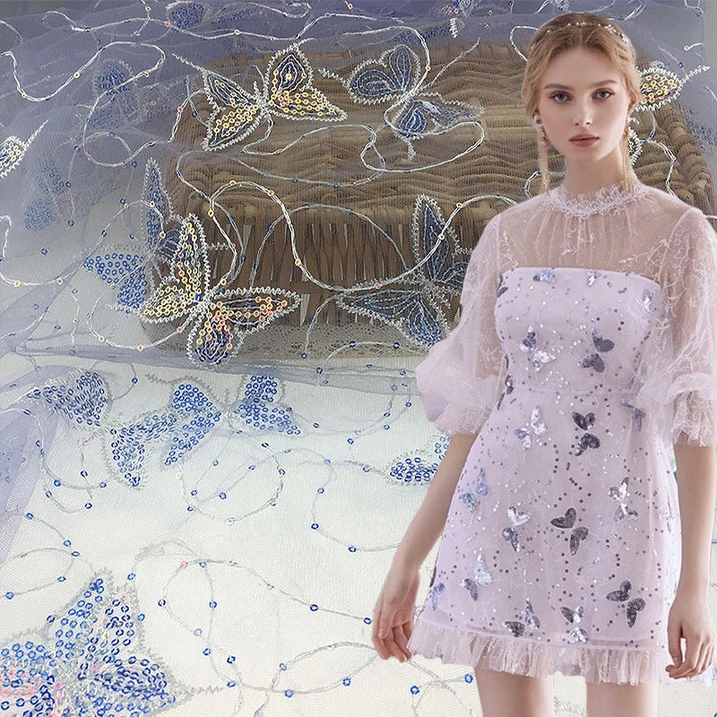 

French mesh Butterfly design 100 polyester material 3d embroidered glitter sequins tulle fabrics textiles net embroidery fabric