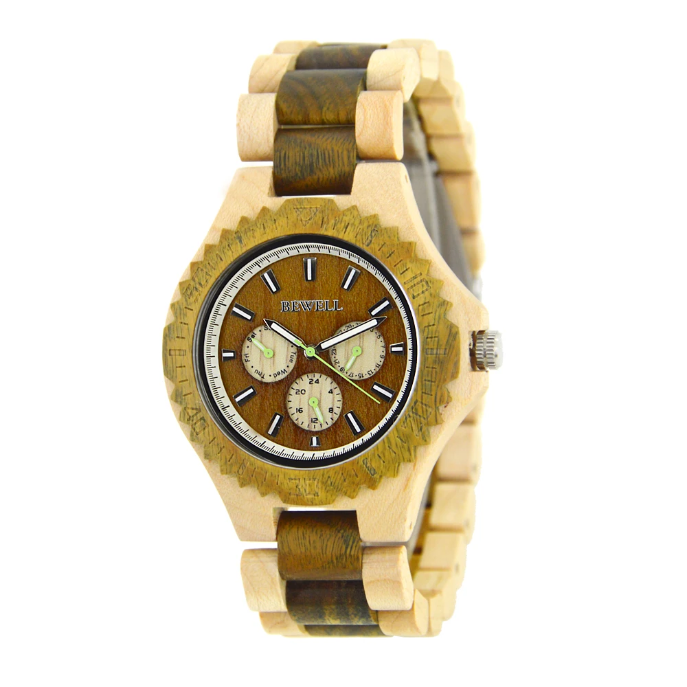 

BEWELL Wood Quartz Watch Luxury Wooden Wristwatches Fashion Men Watch with Wooden Strap Maple Band Christmas Gift 116B