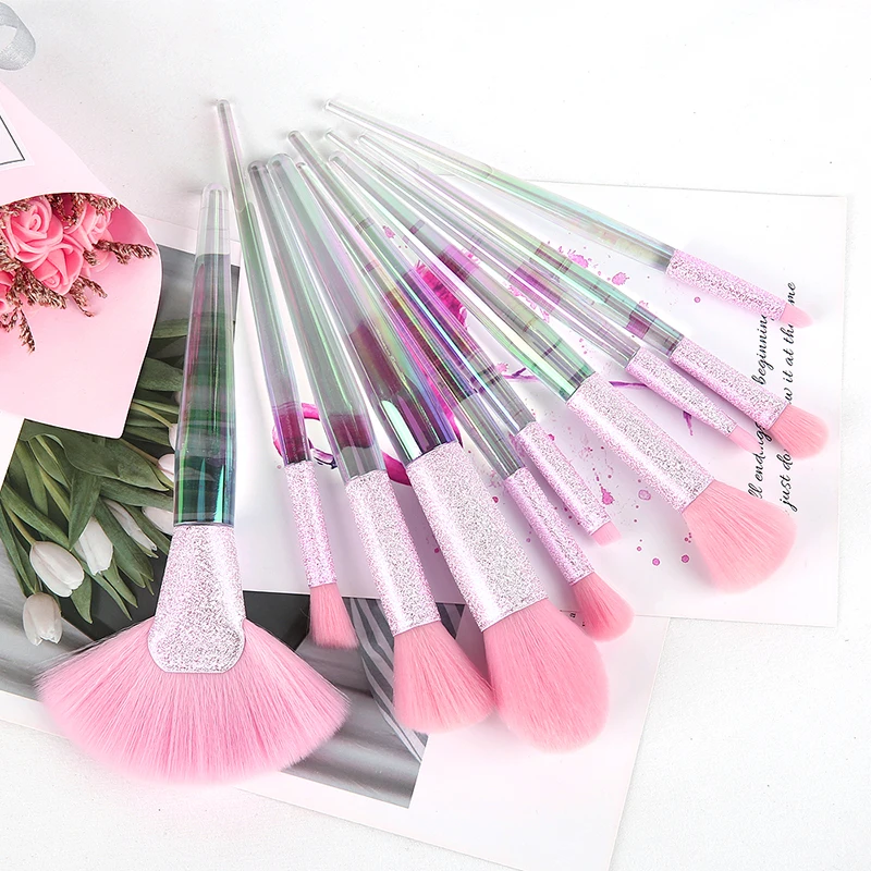 

10pcs Rainbow Color Private Label Makeup Brush Set Facial Beauty Tool Cosmetic Brushes Synthetic hair Ladies Makeup, Pink