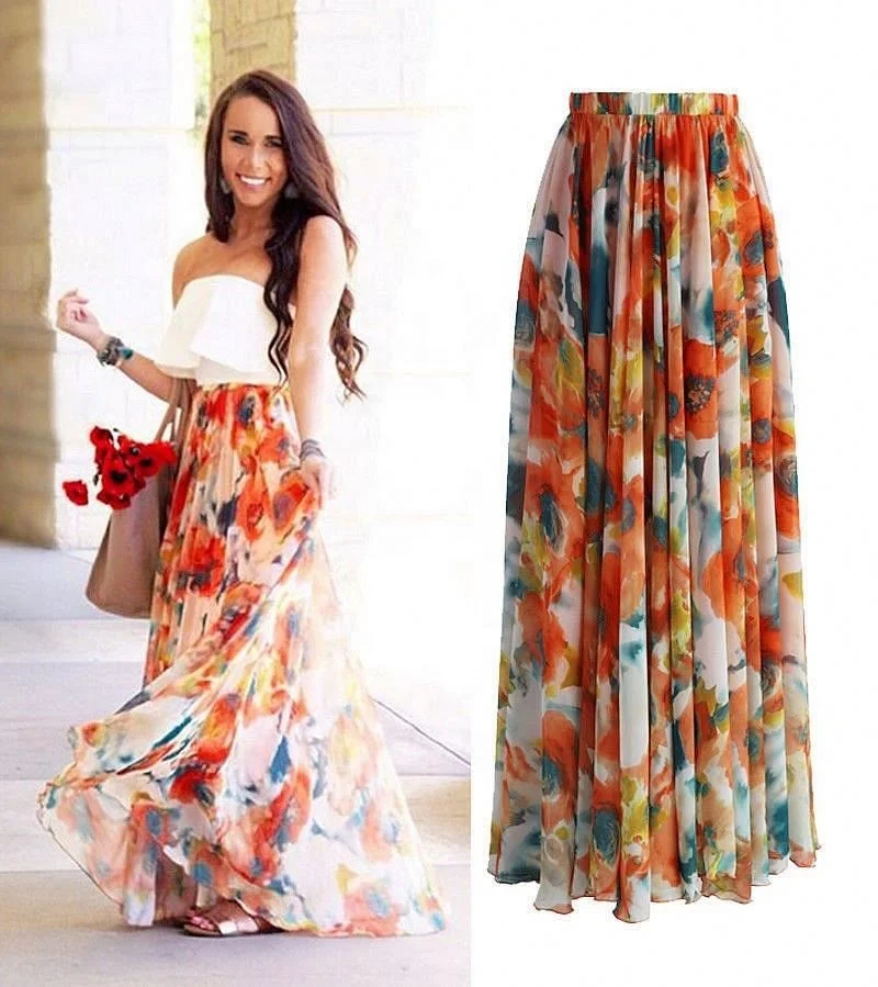 

Factory Hot Sale High Waist Long Skirt Women Maxi Skirt Floral Print Beach Skirt