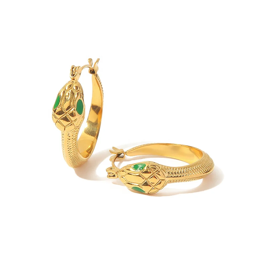 Snake Design Texture Skin Green Eyes Enameled 18K PVD Gold Plated Stainless Steel Hoop Earrings