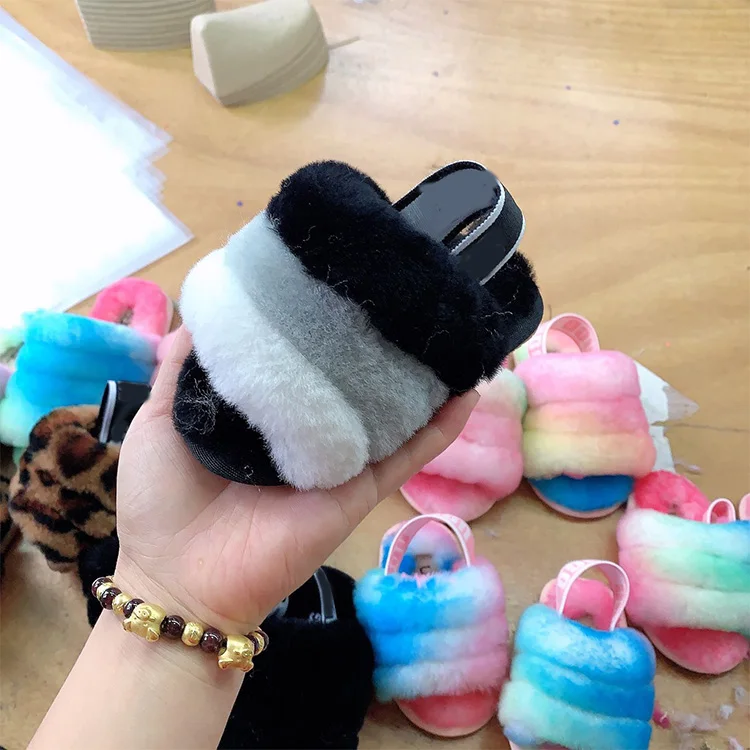 

Super cute comfortable rubber sole lamb fur wool slides children slippers sheepskin, Customized color