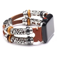 

women Luxury Sublimation 42mm 44mm Stainless Steel Wooden bead Pu Strap Iphone Apple Smart Watch Band for Sport as Connector