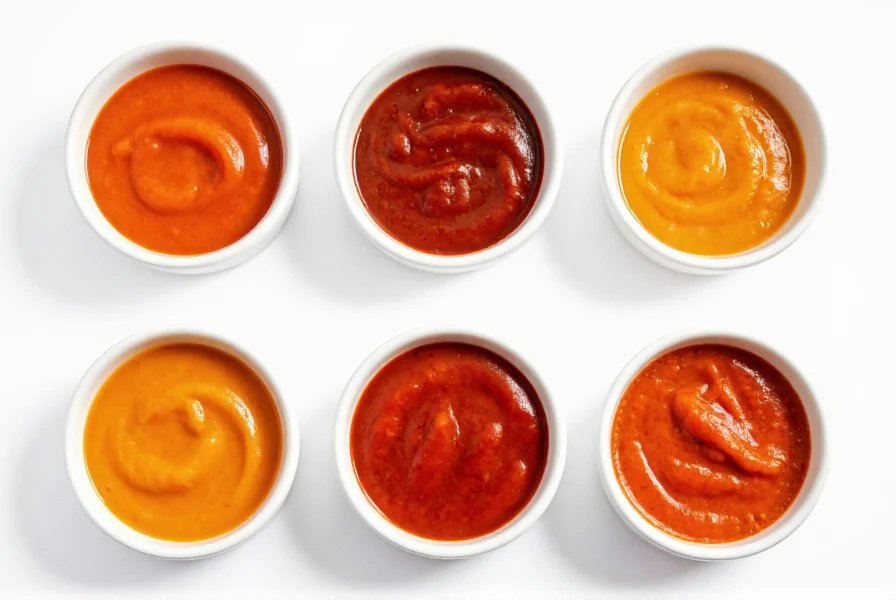 Various pepper sauce cream variations in small white bowls showing different colors from mild to spicy