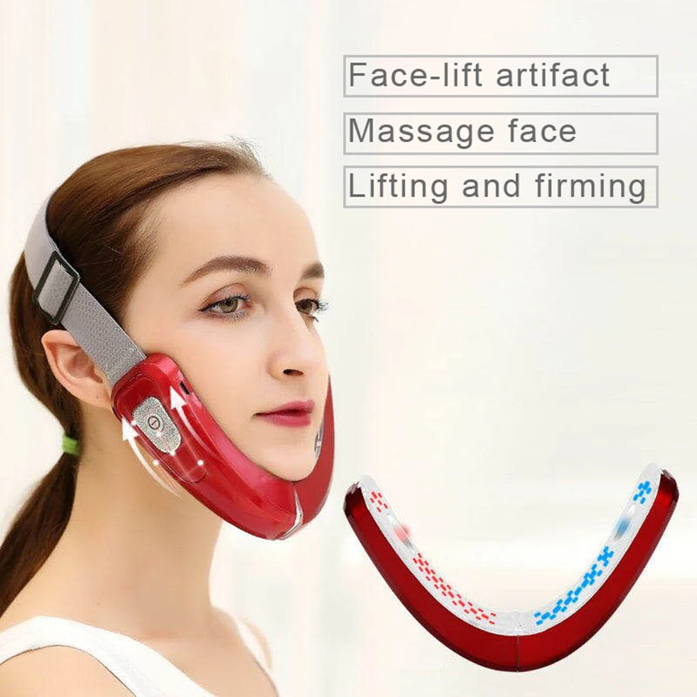 

EMS Face Lift Device Red Blue LED Photon Therapy v face massager belt Slimming Vibration v face lifting instrument masseter, Red/white(customization)