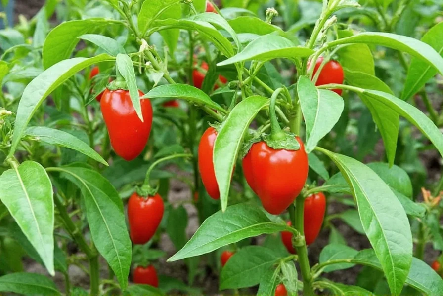 Pimento pepper plants growing in a garden with red ripe peppers visible among green foliage, showing proper spacing and healthy growth conditions