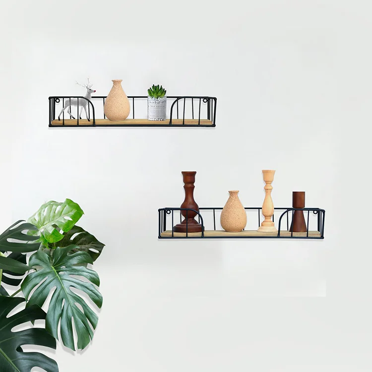 

New Style Vintage Living Room Book Plant Metal Basket Wall Shelf Wood Floating For Decor wall display shelves