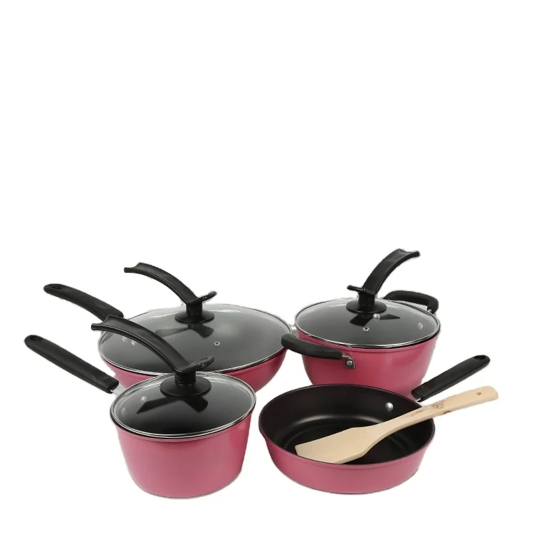 

2021Amzon 5pcs pink nonstick cookware sets wholesale home cooking utensil set smart cast iron pan set