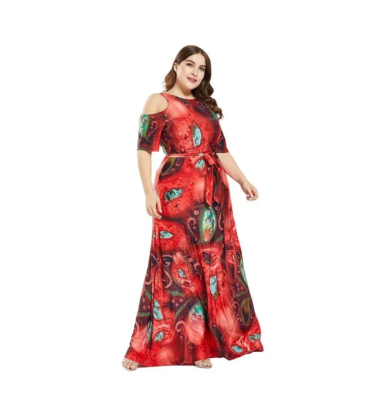 

Spring Beach O-Neck Casual Off Shoulder Maxi 4xl 5xl 6xl 7xl Plus Size Women's Dresses